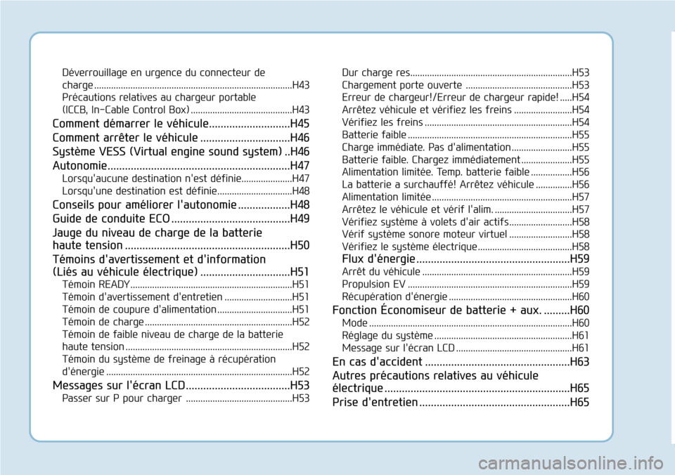 Hyundai Ioniq Electric 2019  Manuel du propriétaire (in French) Déverrouillage en urgence du connecteur de 
charge ..................................................................................H43
Précautions relatives au chargeur portable 
(ICCB, In-Cable C