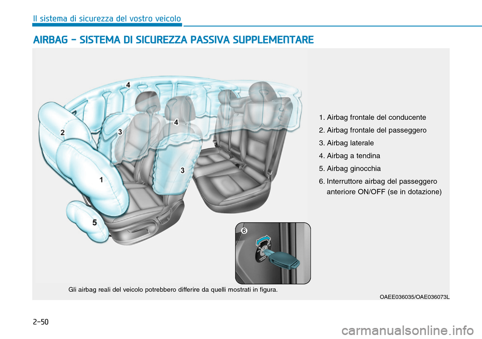 Hyundai Ioniq Electric 2019 Manuale del proprietario (in Italian) 2-50
Il sistema di sicurezza del vostro veicolo
AIRBAG - SISTEMA DI SICUREZZA PASSIVA SUPPLEMENTARE
OAEE036035/OAE036073LGli airbag reali del veicolo potrebbero differire da quelli mostrati in figura. Hyundai Ioniq Electric 2019 Manuale del proprietario (in Italian) 2-50
Il sistema di sicurezza del vostro veicolo
AIRBAG - SISTEMA DI SICUREZZA PASSIVA SUPPLEMENTARE
OAEE036035/OAE036073LGli airbag reali del veicolo potrebbero differire da quelli mostrati in figura.