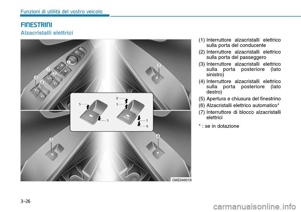Hyundai Ioniq Electric 2019 Manuale del proprietario (in Italian) 3-26
(1) Interruttore alzacristalli elettrico
sulla porta del conducente
(2) Interruttore alzacristalli elettrico
sulla porta del passeggero
(3) Interruttore alzacristalli elettrico
sulla porta poster Hyundai Ioniq Electric 2019 Manuale del proprietario (in Italian) 3-26
(1) Interruttore alzacristalli elettrico
sulla porta del conducente
(2) Interruttore alzacristalli elettrico
sulla porta del passeggero
(3) Interruttore alzacristalli elettrico
sulla porta poster