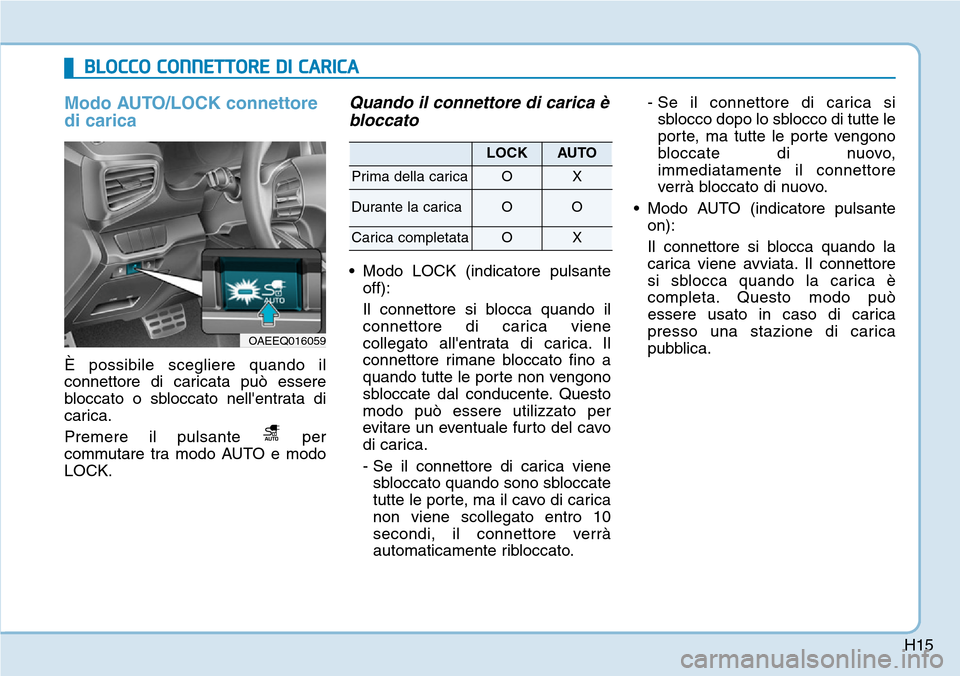 Hyundai Ioniq Electric 2019  Manuale del proprietario (in Italian) H15
Modo AUTO/LOCK connettore
di carica
È possibile scegliere quando il
connettore di caricata può essere
bloccato o sbloccato nellentrata di
carica.
Premere il pulsante  per
commutare tra modo AUT