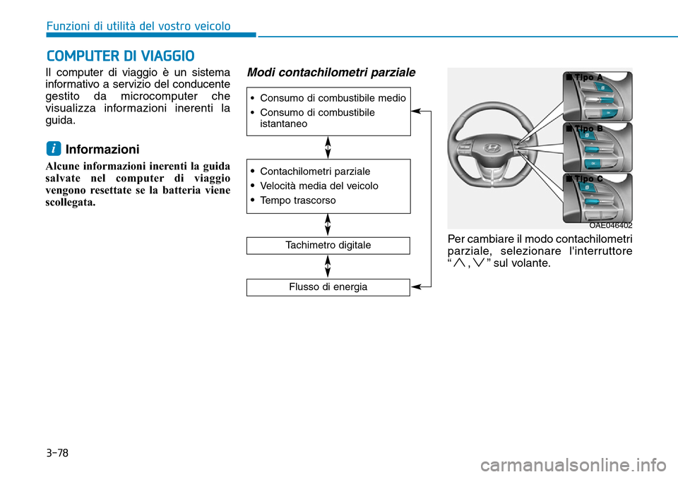 Hyundai Ioniq Electric 2019 Manuale del proprietario (in Italian) 3-78
Funzioni di utilità del vostro veicolo
COMPUTER DI VIAGGIO
Il computer di viaggio è un sistema
informativo a servizio del conducente
gestito da microcomputer che
visualizza informazioni inerent Hyundai Ioniq Electric 2019 Manuale del proprietario (in Italian) 3-78
Funzioni di utilità del vostro veicolo
COMPUTER DI VIAGGIO
Il computer di viaggio è un sistema
informativo a servizio del conducente
gestito da microcomputer che
visualizza informazioni inerent