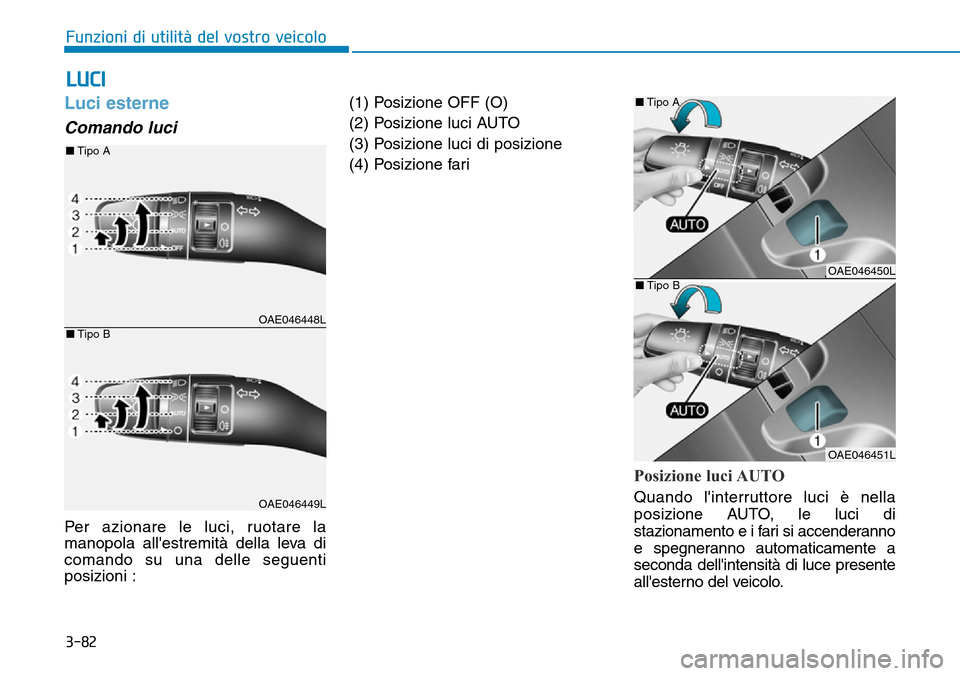 Hyundai Ioniq Electric 2019 Manuale del proprietario (in Italian) 3-82
Funzioni di utilità del vostro veicolo
Luci esterne
Comando luci
Per azionare le luci, ruotare la
manopola allestremità della leva di
comando su una delle seguenti
posizioni :(1) Posizione O Hyundai Ioniq Electric 2019 Manuale del proprietario (in Italian) 3-82
Funzioni di utilità del vostro veicolo
Luci esterne
Comando luci
Per azionare le luci, ruotare la
manopola allestremità della leva di
comando su una delle seguenti
posizioni :(1) Posizione O