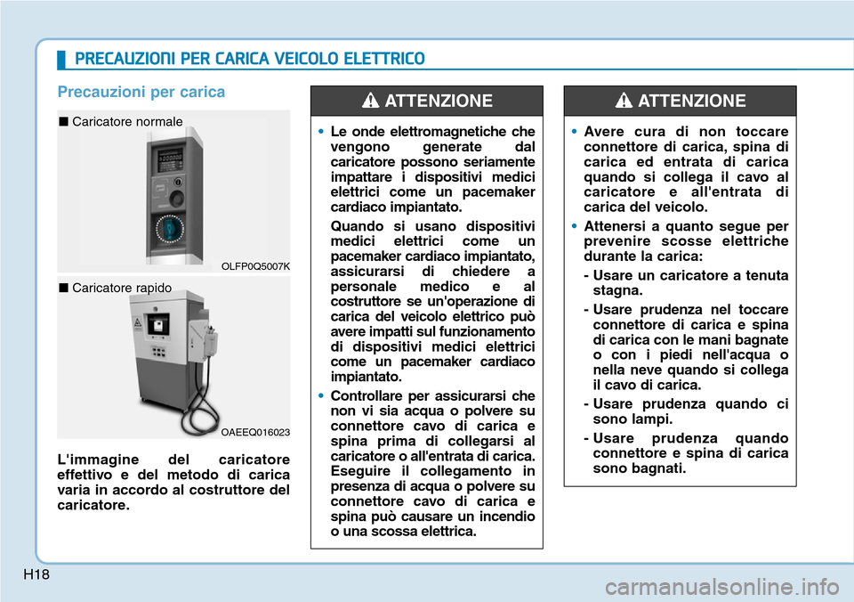 Hyundai Ioniq Electric 2019  Manuale del proprietario (in Italian) H18
Precauzioni per carica
Limmagine del caricatore
effettivo e del metodo di carica
varia in accordo al costruttore del
caricatore.•Le onde elettromagnetiche che
vengono generate dal
caricatore po