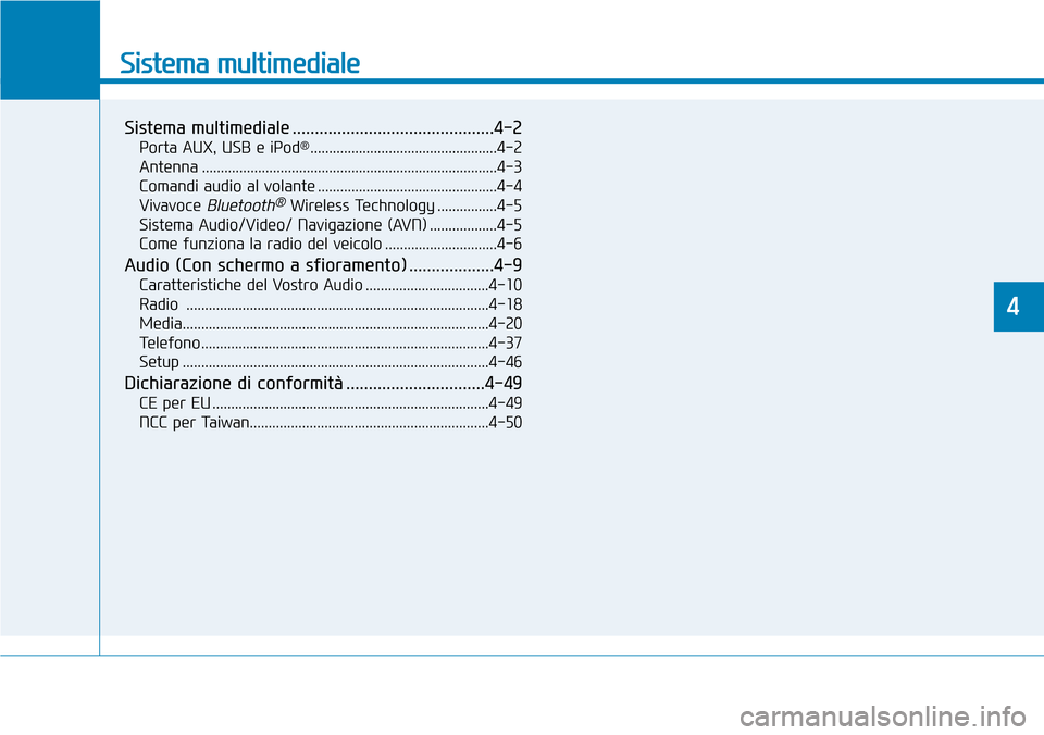 Hyundai Ioniq Electric 2019  Manuale del proprietario (in Italian) Sistema multimediale
Sistema multimediale .............................................4-2
Porta AUX, USB e iPod®..................................................4-2
Antenna ........................