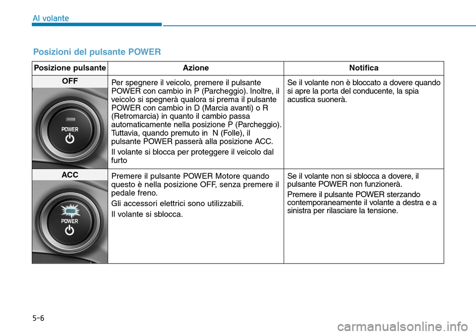 Hyundai Ioniq Electric 2019 Manuale del proprietario (in Italian) 5-6
Al volante
Posizioni del pulsante POWER
Posizione pulsante Azione Notifica
OFF
Per spegnere il veicolo, premere il pulsante
POWER con cambio in P (Parcheggio). Inoltre, il
veicolo si spegnerà qua Hyundai Ioniq Electric 2019 Manuale del proprietario (in Italian) 5-6
Al volante
Posizioni del pulsante POWER
Posizione pulsante Azione Notifica
OFF
Per spegnere il veicolo, premere il pulsante
POWER con cambio in P (Parcheggio). Inoltre, il
veicolo si spegnerà qua
