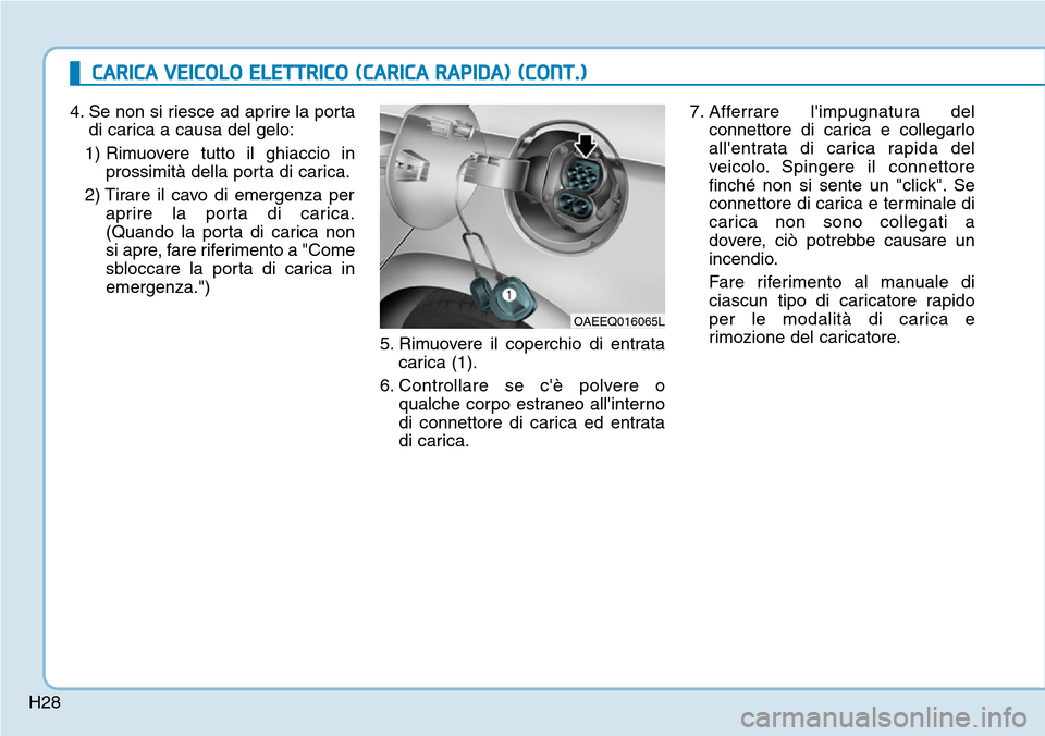 Hyundai Ioniq Electric 2019  Manuale del proprietario (in Italian) H28
CARICA VEICOLO ELETTRICO (CARICA RAPIDA) (CONT.)
4. Se non si riesce ad aprire la porta
di carica a causa del gelo:
1) Rimuovere tutto il ghiaccio in
prossimità della porta di carica.
2) Tirare i