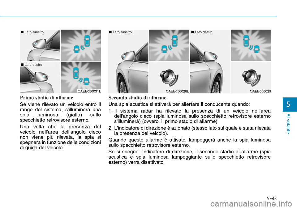 Hyundai Ioniq Electric 2019 Manuale del proprietario (in Italian) 5-43
Al volante
5
Primo stadio di allarme
Se viene rilevato un veicolo entro il
range del sistema, silluminerà una
spia luminosa (gialla) sullo
specchietto retrovisore esterno.
Una volta che la pres Hyundai Ioniq Electric 2019 Manuale del proprietario (in Italian) 5-43
Al volante
5
Primo stadio di allarme
Se viene rilevato un veicolo entro il
range del sistema, silluminerà una
spia luminosa (gialla) sullo
specchietto retrovisore esterno.
Una volta che la pres