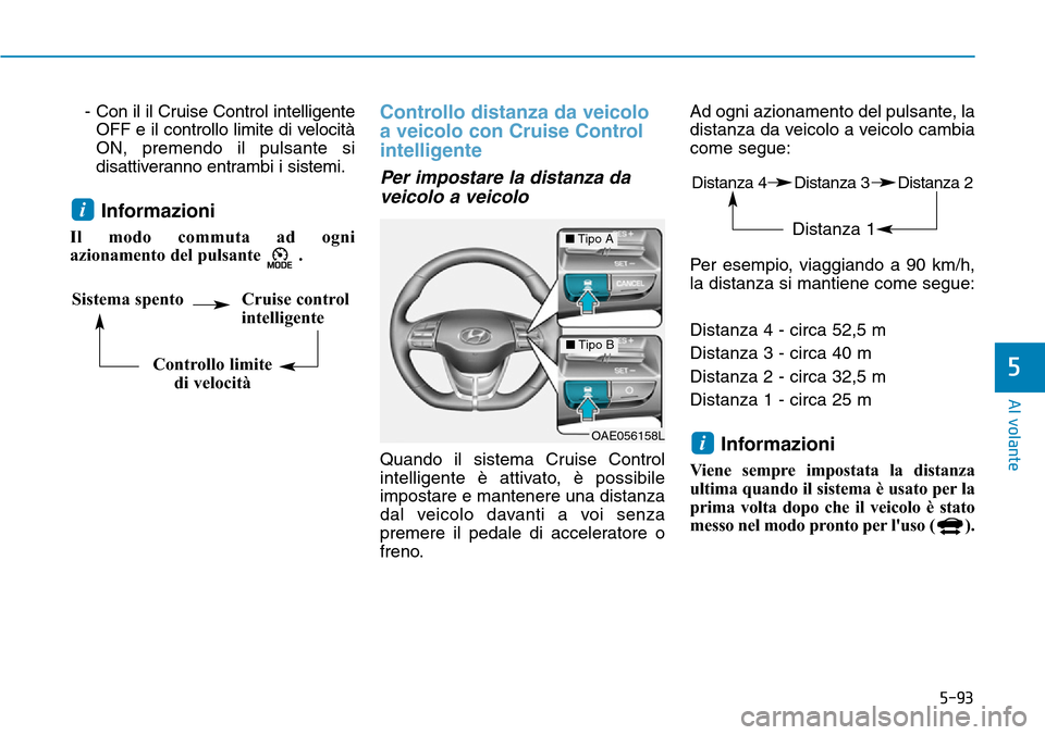 Hyundai Ioniq Electric 2019 Manuale del proprietario (in Italian) 5-93
Al volante
5
- Con il il Cruise Control intelligente
OFF e il controllo limite di velocità
ON, premendo il pulsante si
disattiveranno entrambi i sistemi.
Informazioni
Il modo commuta ad ogni
azi Hyundai Ioniq Electric 2019 Manuale del proprietario (in Italian) 5-93
Al volante
5
- Con il il Cruise Control intelligente
OFF e il controllo limite di velocità
ON, premendo il pulsante si
disattiveranno entrambi i sistemi.
Informazioni
Il modo commuta ad ogni
azi