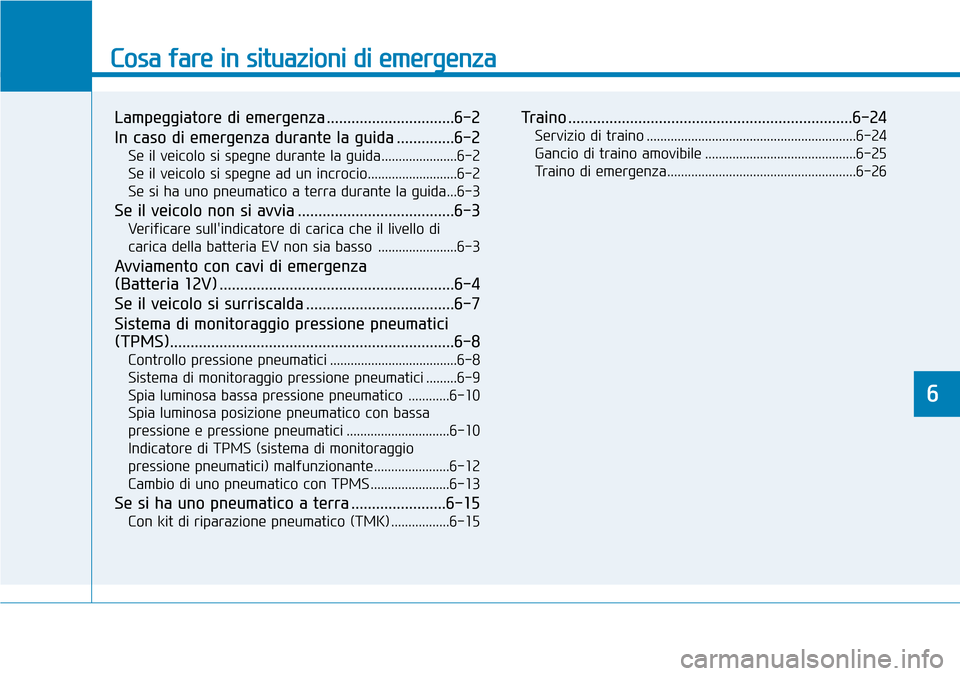 Hyundai Ioniq Electric 2019 Manuale del proprietario (in Italian) Cosa fare in situazioni di emergenza
Lampeggiatore di emergenza ...............................6-2
In caso di emergenza durante la guida ..............6-2
Se il veicolo si spegne durante la guida..... Hyundai Ioniq Electric 2019 Manuale del proprietario (in Italian) Cosa fare in situazioni di emergenza
Lampeggiatore di emergenza ...............................6-2
In caso di emergenza durante la guida ..............6-2
Se il veicolo si spegne durante la guida.....