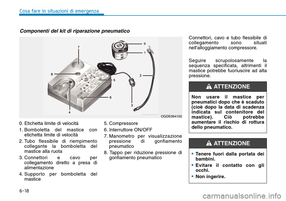 Hyundai Ioniq Electric 2019 Manuale del proprietario (in Italian) 6-18
Cosa fare in situazioni di emergenza
0. Etichetta limite di velocità
1. Bomboletta del mastice con
etichetta limite di velocità
2. Tubo flessibile di riempimento
collegante la bomboletta del
ma Hyundai Ioniq Electric 2019 Manuale del proprietario (in Italian) 6-18
Cosa fare in situazioni di emergenza
0. Etichetta limite di velocità
1. Bomboletta del mastice con
etichetta limite di velocità
2. Tubo flessibile di riempimento
collegante la bomboletta del
ma