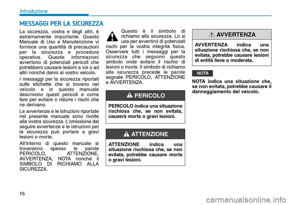 Hyundai Ioniq Electric 2019  Manuale del proprietario (in Italian) F6
Introduzione
La sicurezza, vostra e degli altri, è
estremamente importante. Questo
Manuale di Uso e Manutenzione vi
fornisce una quantità di precauzioni
per la sicurezza e procedura
operative. Qu