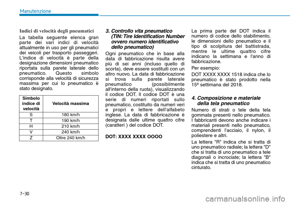 Hyundai Ioniq Electric 2019 Manuale del proprietario (in Italian) 7-30
Manutenzione
Indici di velocità degli pneumatici
La tabella seguente elenca gran
parte dei vari indici di velocità
attualmente in uso per gli pneumatici
dei veicoli per trasporto passeggeri.
L Hyundai Ioniq Electric 2019 Manuale del proprietario (in Italian) 7-30
Manutenzione
Indici di velocità degli pneumatici
La tabella seguente elenca gran
parte dei vari indici di velocità
attualmente in uso per gli pneumatici
dei veicoli per trasporto passeggeri.
L