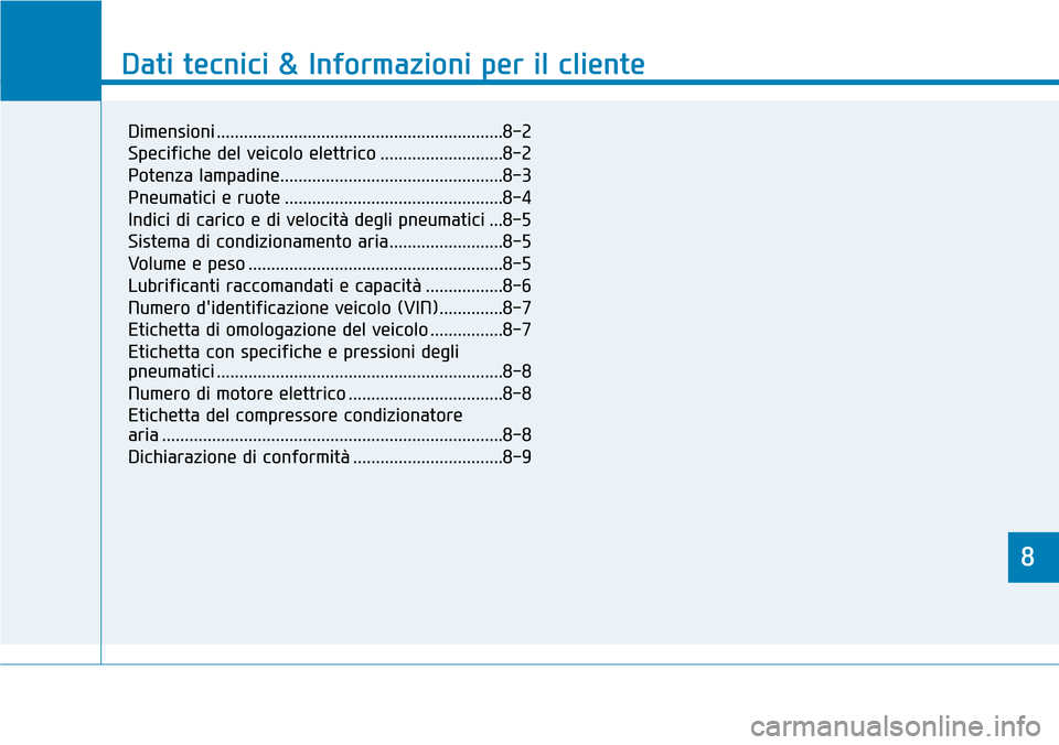 Hyundai Ioniq Electric 2019  Manuale del proprietario (in Italian) 8
Dati tecnici & Informazioni per il cliente
8
Dati tecnici & Informazioni per il cliente
8
Dimensioni ...............................................................8-2
Specifiche del veicolo elettri