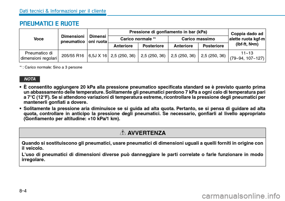 Hyundai Ioniq Electric 2019  Manuale del proprietario (in Italian) 8-4
Dati tecnici & Informazioni per il cliente
PNEUMATICI E RUOTE
Quando si sostituiscono gli pneumatici, usare pneumatici di dimensioni uguali a quelli forniti in origine con
il veicolo.
Luso di pne