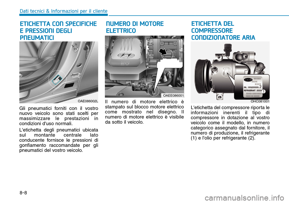 Hyundai Ioniq Electric 2019  Manuale del proprietario (in Italian) 8-8
Dati tecnici & Informazioni per il cliente
Gli pneumatici forniti con il vostro
nuovo veicolo sono stati scelti per
massimizzare le prestazioni in
condizioni duso normali.
Letichetta degli pneum