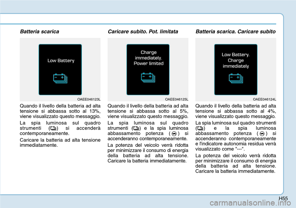 Hyundai Ioniq Electric 2019  Manuale del proprietario (in Italian) H55
Batteria scarica  
Quando il livello della batteria ad alta
tensione si abbassa sotto al 13%,
viene visualizzato questo messaggio.
La spia luminosa sul quadro
strumenti ( ) si accenderà
contempor