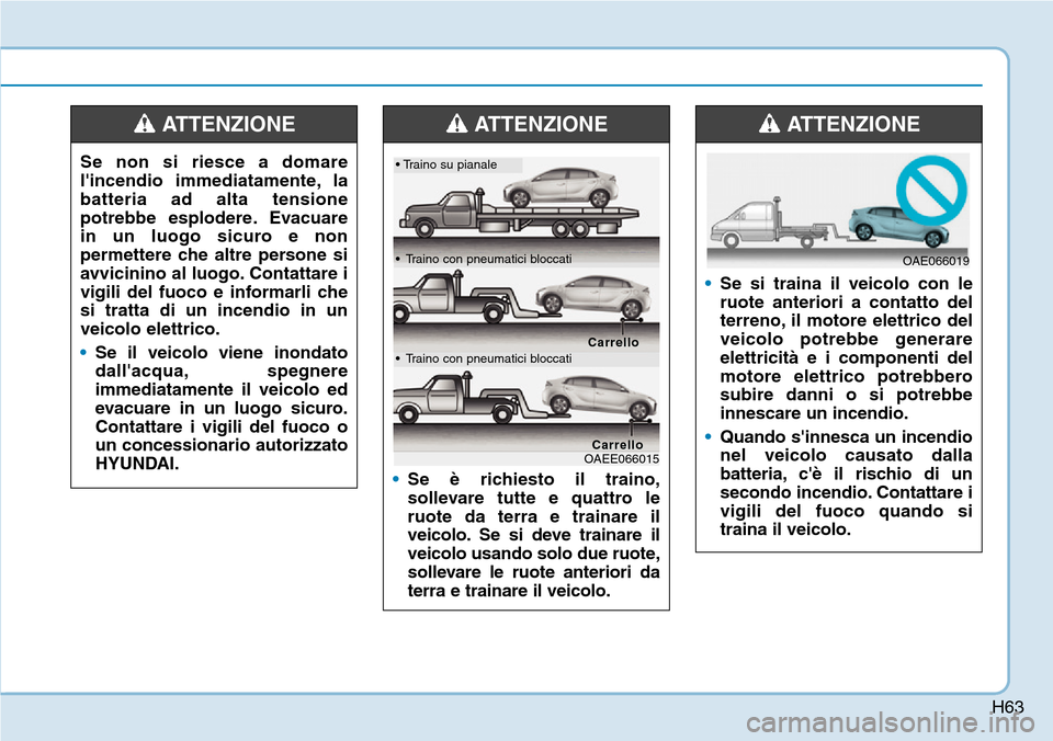 Hyundai Ioniq Electric 2019  Manuale del proprietario (in Italian) H63
Se non si riesce a domare
lincendio immediatamente, la
batteria ad alta tensione
potrebbe esplodere. Evacuare
in un luogo sicuro e non
permettere che altre persone si
avvicinino al luogo. Contatt