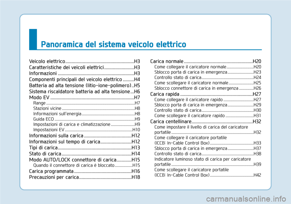 Hyundai Ioniq Electric 2019  Manuale del proprietario (in Italian) Panoramica del sistema veicolo elettrico
Veicolo elettrico.......................................................H3
Caratteristiche dei veicoli elettrici ........................H3
Informazioni ......