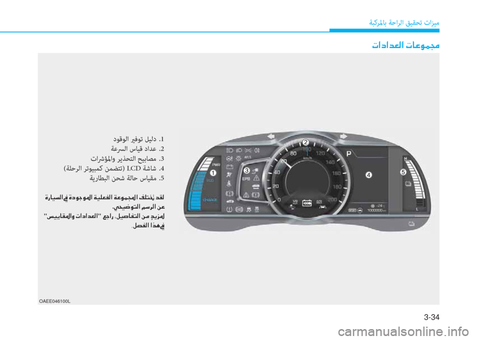 Hyundai Ioniq Electric 2019  دليل المالك 3-34
ﺔﺒﻛﺮﳌﺎﺑ ﺔﺣاﺮﻟا ﻖﻴﻘﺤﺗ تاﺰﻴﻣ
OAEE046100L
دﻮﻗﻮﻟا يرﻓﻮﺗ ﻞﻴﻟد  .1
ﺔﻋﴪﻟا سﺎﻴﻗ داﺪﻋ  .2
تاﴍﺆﳌاو ﺮﻳ