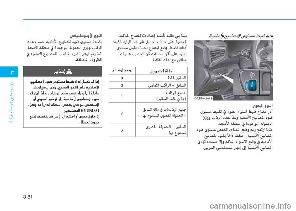 Hyundai Ioniq Electric 2019  دليل المالك 3-81
�.
ﺔﺒﻛﺮﳌﺎﺑ ﺔﺣاﺮﻟا ﻖﻴﻘﺤﺗ تاﺰﻴﻣ
�ني�ثر�d�ﳌ�d�ﱢ�ﺼ�ﻹ�D�ثر�،�ﳌ�ﻔ�ﴎ�ﺼ�ﻹ�ﴘ�لم�ً�ﻪ�d�ﻹ�3�ب�ﻃ�ﻹ�M�ﺼ�ما�د
�ﴢ�ث�ﻀ�