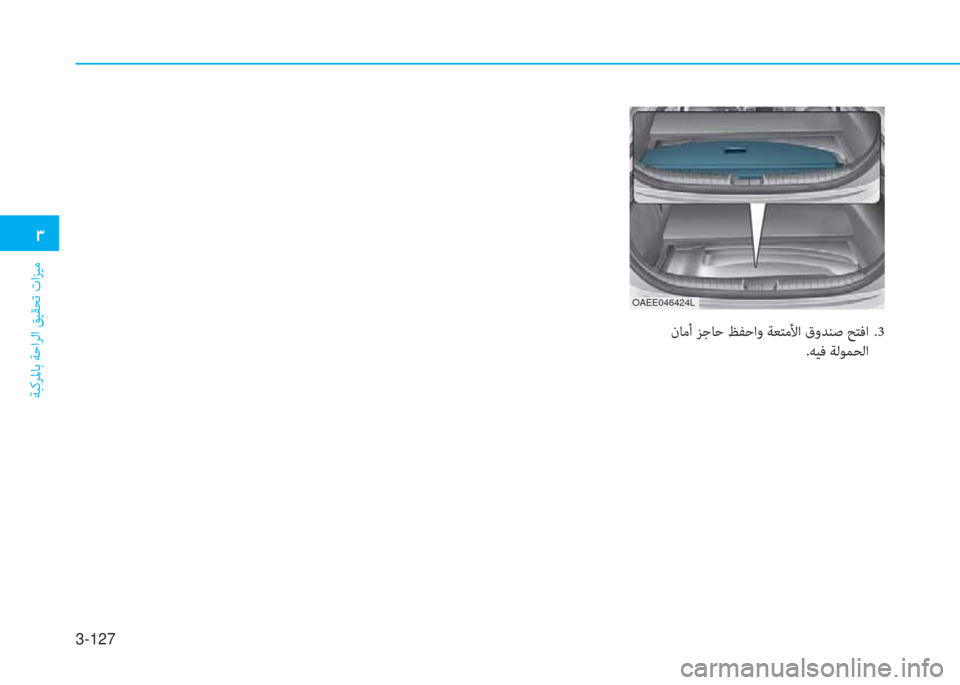 Hyundai Ioniq Electric 2019  دليل المالك 3-127
�.
ﺔﺒﻛﺮﳌﺎﺑ ﺔﺣاﺮﻟا ﻖﻴﻘﺤﺗ تاﺰﻴﻣ
 نﺎﻣأ ﺰﺟﺎﺣ ﻆﻔﺣاو ﺔﻌﺘﻣﻷا قوﺪﻨﺻ ﺢﺘﻓا  .3
.ﻪﻴﻓ ﺔﻟﻮﻤﺤﻟا
OAE