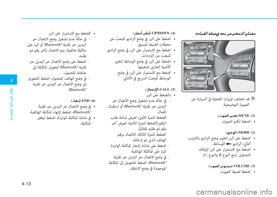 Hyundai Ioniq Electric 2019  دليل المالك �2
ةدﺪﻌﺘﳌا ﻂﺋﺎﺳﻮﻟا مﺎﻈﻧ
4-13
�Î�c�@�Ë�±�¸�?��Ï�¹�T�¤�� �â�G��Â�¤��¾�µ�X�L�¸�?��^�@�L�­�¼
 ﻦﻋ ةرﺎﻴﺴﻟا ﰲ ﺔﻴﻠﻌﻔﻟا تاﺰ
