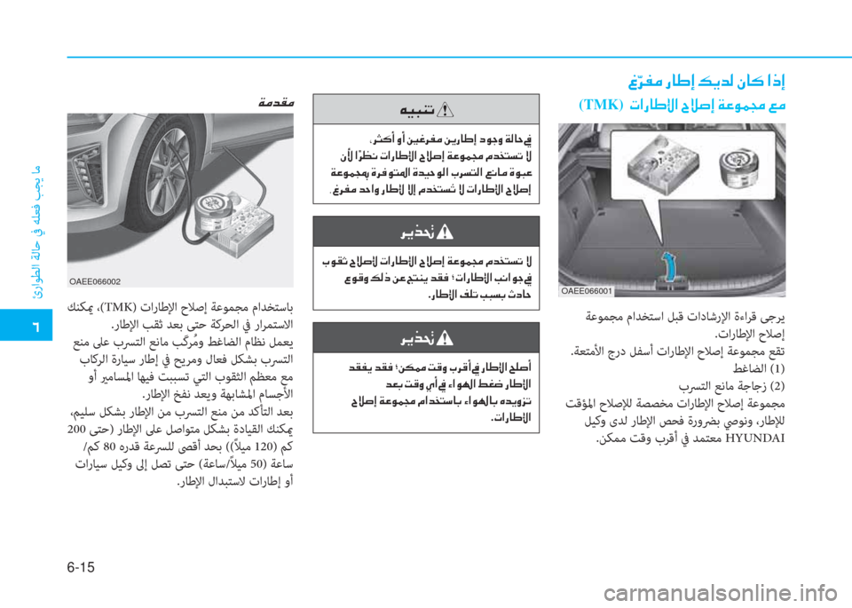 Hyundai Ioniq Electric 2019  دليل المالك �إ
ئراﻮﻄﻟا ﺔﻟﺎﺣ ﰲ ﻪﻠﻌﻓ ﺐﺠﻳ ﺎﻣ
6-15
OAEE066001
 ﺔﻋﻮﻤﺠﻣ ماﺪﺨﺘﺳا ﻞﺒﻗ تادﺎﺷرﻹا ةءاﺮﻗ ﻰﺟﺮﻳ
.تارﺎﻃﻹا 