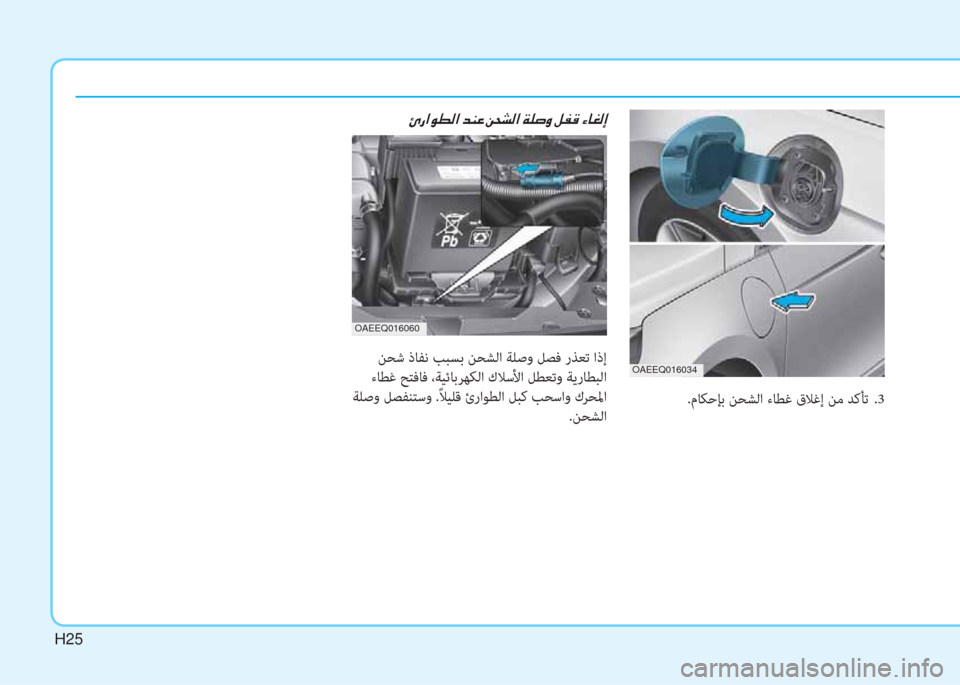 Hyundai Ioniq Electric 2019  دليل المالك H25
 ﻦﺤﺷ ذﺎﻔﻧ ﺐﺒﺴﺑ ﻦﺤﺸﻟا ﺔﻠﺻو ﻞﺼﻓ رﺬﻌﺗ اذإ
 ءﺎﻄﻏ ﺢﺘﻓﺎﻓ ،ﺔﻴﺋﺎﺑﺮﻬﻜﻟا كﻼﺳﻷا ﻞﻄﻌﺗو ﺔﻳرﺎﻄ