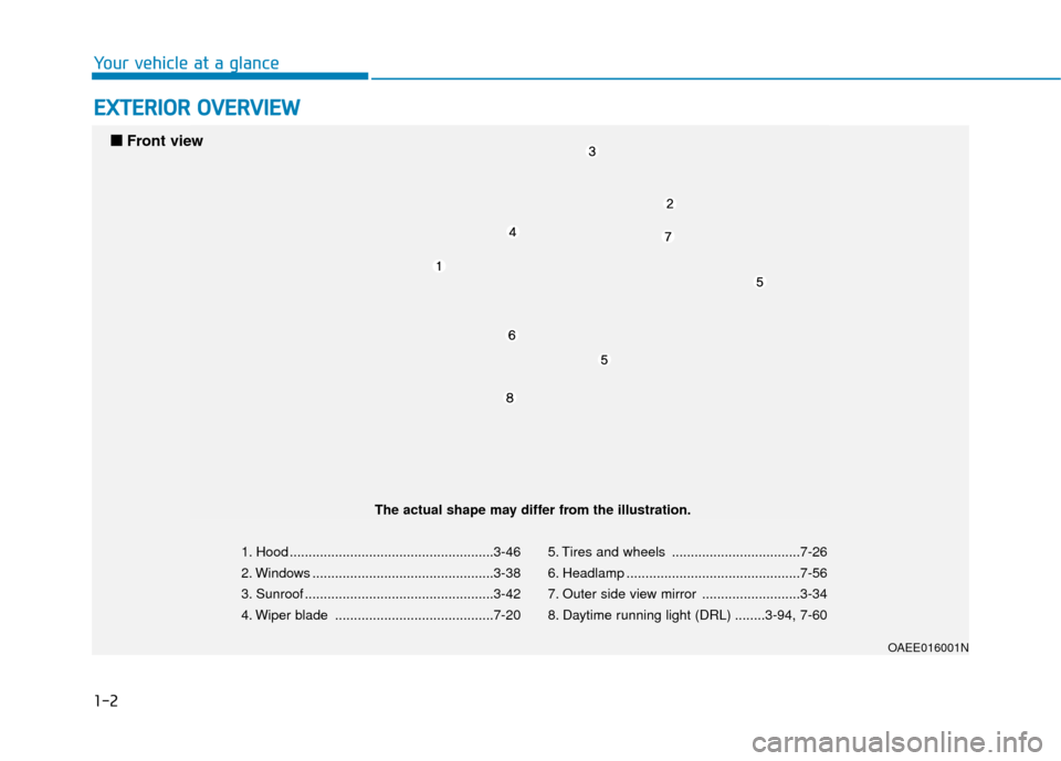 Hyundai Ioniq Electric 2018  Owners Manual 1-2
E
EX
X T
TE
ER
R I
IO
O R
R 
 O
O V
VE
ER
R V
V I
IE
E W
W
Your vehicle at a glance
1. Hood ......................................................3-46
2. Windows ..................................