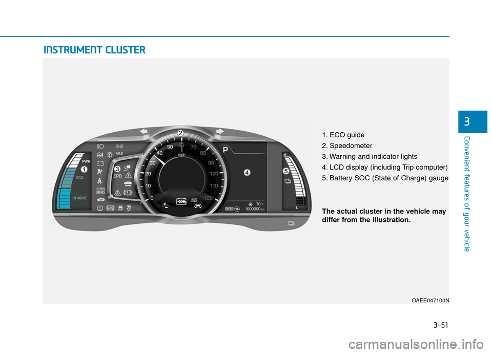 Hyundai Ioniq Electric 2018 Owners Manual 3-51
Convenient features of your vehicle
I
IN
N S
ST
T R
R U
U M
M E
EN
N T
T
C
C L
LU
U S
ST
T E
ER
R
3
1. ECO guide
2. Speedometer
3. Warning and indicator lights
4. LCD display (including Trip co Hyundai Ioniq Electric 2018 Owners Manual 3-51
Convenient features of your vehicle
I
IN
N S
ST
T R
R U
U M
M E
EN
N T
T
C
C L
LU
U S
ST
T E
ER
R
3
1. ECO guide
2. Speedometer
3. Warning and indicator lights
4. LCD display (including Trip co