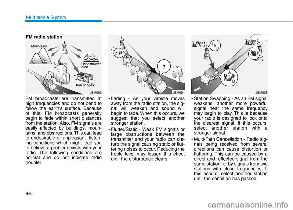 Hyundai Ioniq Electric 2018 Owners Manual FM broadcasts are transmitted at
high frequencies and do not bend to
follow the earths surface. Because
of this, FM broadcasts generally
begin to fade within short distances
from the station. Also, F Hyundai Ioniq Electric 2018 Owners Manual FM broadcasts are transmitted at
high frequencies and do not bend to
follow the earths surface. Because
of this, FM broadcasts generally
begin to fade within short distances
from the station. Also, F