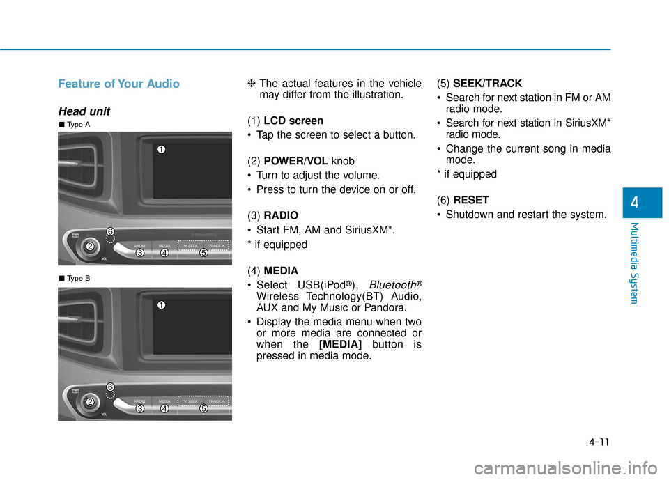 Hyundai Ioniq Electric 2018 Owners Manual 4-11
Multimedia System
4
Feature of Your Audio
Head unit
❈The actual features in the vehicle
may differ from the illustration.
(1) LCD screen
Tap the screen to select a button.
(2) POWER/VOL kno Hyundai Ioniq Electric 2018 Owners Manual 4-11
Multimedia System
4
Feature of Your Audio
Head unit
❈The actual features in the vehicle
may differ from the illustration.
(1) LCD screen
Tap the screen to select a button.
(2) POWER/VOL kno