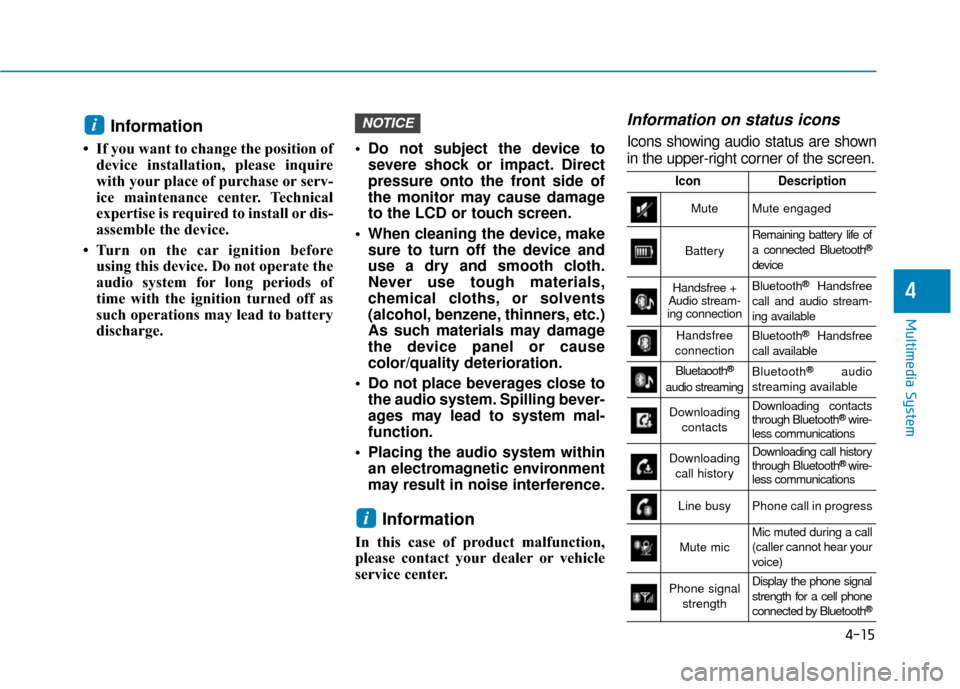 Hyundai Ioniq Electric 2018 Owners Manual 4-15
Multimedia System
4
Information
• If you want to change the position ofdevice installation, please inquire
with your place of purchase or serv-
ice maintenance center. Technical
expertise is re Hyundai Ioniq Electric 2018 Owners Manual 4-15
Multimedia System
4
Information
• If you want to change the position ofdevice installation, please inquire
with your place of purchase or serv-
ice maintenance center. Technical
expertise is re