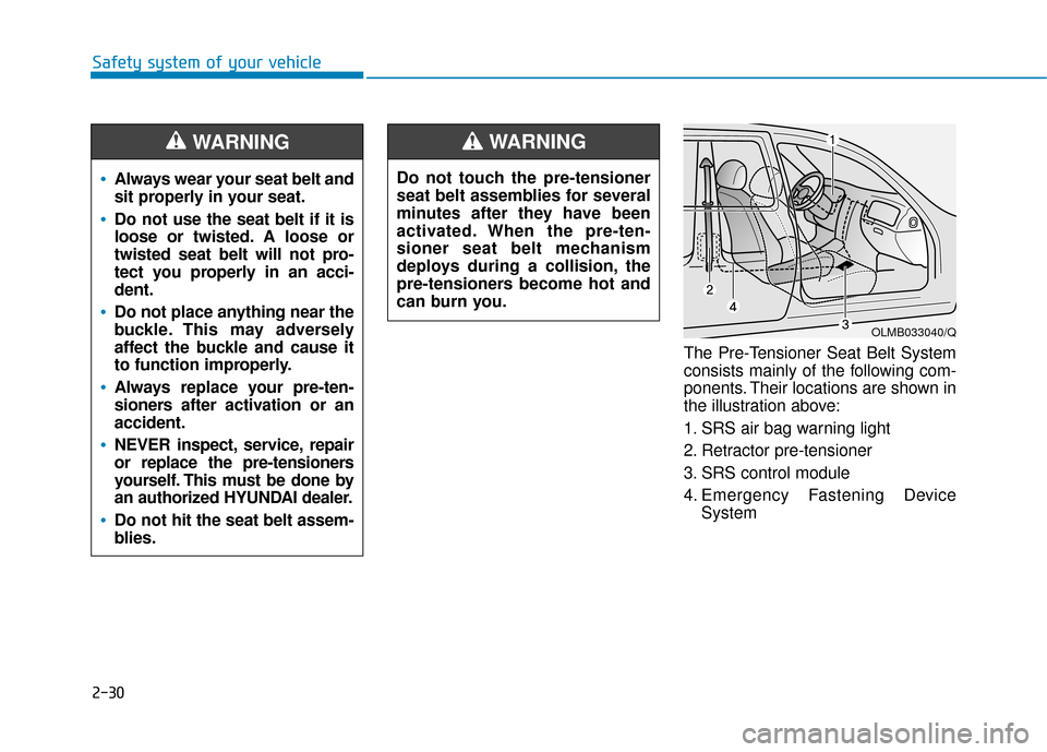 Hyundai Ioniq Electric 2018 Service Manual 2-30
Safety system of your vehicleThe Pre-Tensioner Seat Belt System
consists mainly of the following com-
ponents. Their locations are shown in
the illustration above:
1. SRS air bag warning light
2.