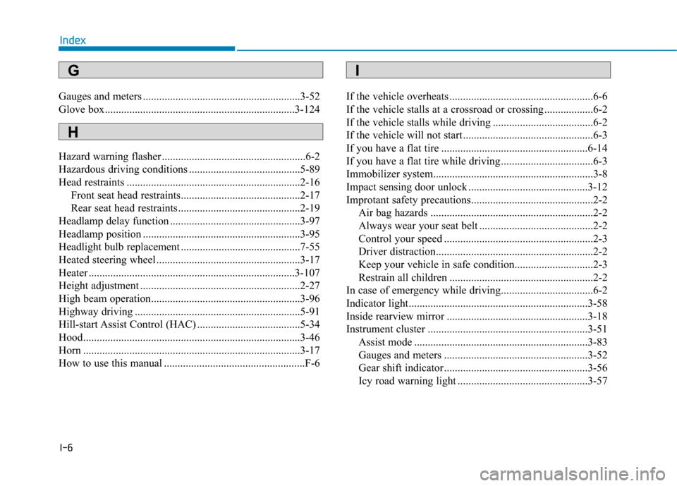 Hyundai Ioniq Electric 2018  Owners Manual I-6
Gauges and meters ..........................................................3-52
Glove box......................................................................3-\
124
Hazard warning flasher .....