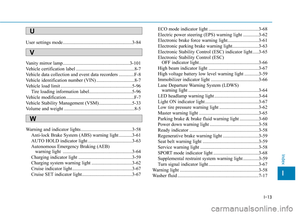 Hyundai Ioniq Electric 2018  Owners Manual I-13
User settings mode..........................................................3-84
Vanity mirror lamp........................................................3-101
Vehicle certification label ......