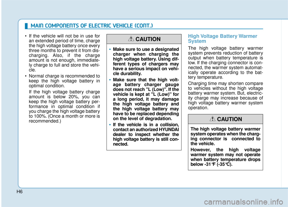 Hyundai Ioniq Electric 2018  Owners Manual H6
 If the vehicle will not be in use foran extended period of time, charge
the high voltage battery once every
three months to prevent it from dis-
charging. Also, if the charge
amount is not enough,