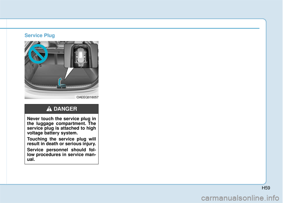 Hyundai Ioniq Electric 2018  Owners Manual H59
Service Plug
OAEEQ016057
Never touch the service plug in
the luggage compartment. The
service plug is attached to high
voltage battery system.
Touching the service plug will
result in death or ser