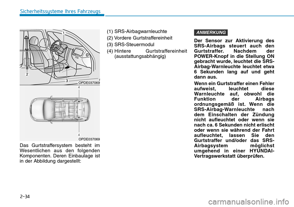 Hyundai Ioniq Electric 2018 Betriebsanleitung 2-34
Sicherheitssysteme Ihres Fahrzeugs
Das Gurtstraffersystem besteht im
Wesentlichen aus den folgenden
Komponenten. Deren Einbaulage ist
in der Abbildung dargestellt: (1) SRS-Airbagwarnleuchte
(2) V Hyundai Ioniq Electric 2018 Betriebsanleitung 2-34
Sicherheitssysteme Ihres Fahrzeugs
Das Gurtstraffersystem besteht im
Wesentlichen aus den folgenden
Komponenten. Deren Einbaulage ist
in der Abbildung dargestellt: (1) SRS-Airbagwarnleuchte
(2) V