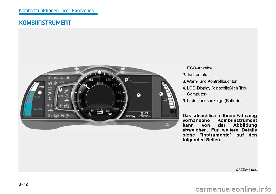 Hyundai Ioniq Electric 2018 Betriebsanleitung 3-42
Komfortfunktionen Ihres Fahrzeugs
1. ECO-Anzeige
2. Tachometer
3. Warn- und Kontrollleuchten
4. LCD-Display (einschließlich Trip-Computer)
5. Ladestandsanzeige (Batterie)
OAEE046100L
KOMBIINSTRU Hyundai Ioniq Electric 2018 Betriebsanleitung 3-42
Komfortfunktionen Ihres Fahrzeugs
1. ECO-Anzeige
2. Tachometer
3. Warn- und Kontrollleuchten
4. LCD-Display (einschließlich Trip-Computer)
5. Ladestandsanzeige (Batterie)
OAEE046100L
KOMBIINSTRU