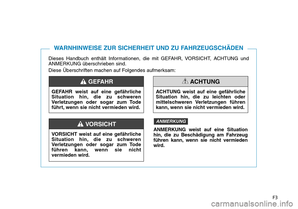 Hyundai Ioniq Electric 2018  Betriebsanleitung F3
Dieses Handbuch enthält Informationen, die mit GEFAHR, VORSICHT, ACHTUNG und
ANMERKUNG überschrieben sind.
Diese Überschriften machen auf Folgendes aufmerksam:
WARNHINWEISE ZUR SICHERHEIT UND ZU