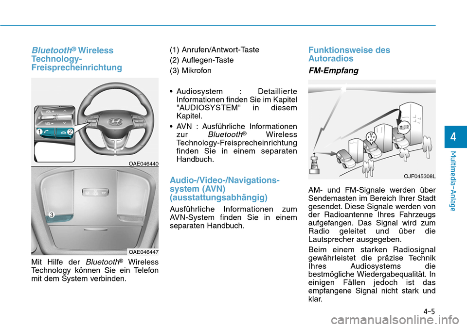 Hyundai Ioniq Electric 2018  Betriebsanleitung Bluetooth®Wireless
Technology-
Freisprecheinrichtung
Mit Hilfe der Bluetooth®Wireless
Technology können Sie ein Telefon
mit dem System verbinden. (1) Anrufen/Antwort-Taste
(2) Auflegen-Taste
(3) Mi