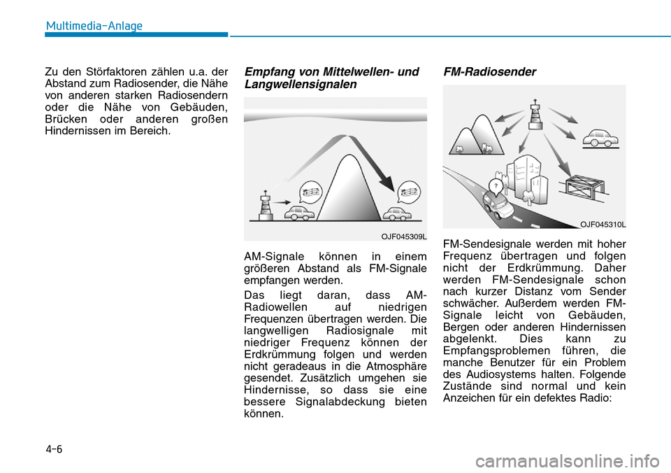 Hyundai Ioniq Electric 2018  Betriebsanleitung 4-6
Multimedia-Anlage 
Zu den Störfaktoren zählen u.a. der
Abstand zum Radiosender, die Nähe
von anderen starken Radiosendern
oder die Nähe von Gebäuden,
Brücken oder anderen großen
Hindernisse