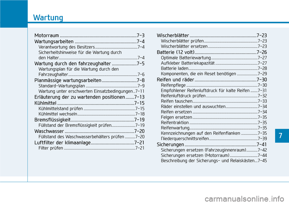Hyundai Ioniq Electric 2018 Betriebsanleitung 7
Wartung
7
Wartung
Motorraum ..............................................................7-3
Wartungsarbeiten ..................................................7-4
Verantwortung des Besitzers ..... Hyundai Ioniq Electric 2018 Betriebsanleitung 7
Wartung
7
Wartung
Motorraum ..............................................................7-3
Wartungsarbeiten ..................................................7-4
Verantwortung des Besitzers .....