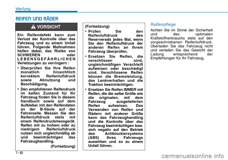 Hyundai Ioniq Electric 2018 Betriebsanleitung 7-30
Wartung
REIFEN UND RÄDER
Reifenpflege
Achten Sie im Sinne der Sicherheit
und des optimalen
Kraftstoffverbrauchs stets auf den
vorgeschriebenen Reifenluftdruck.
Überladen Sie das Fahrzeug nicht
Hyundai Ioniq Electric 2018 Betriebsanleitung 7-30
Wartung
REIFEN UND RÄDER
Reifenpflege
Achten Sie im Sinne der Sicherheit
und des optimalen
Kraftstoffverbrauchs stets auf den
vorgeschriebenen Reifenluftdruck.
Überladen Sie das Fahrzeug nicht