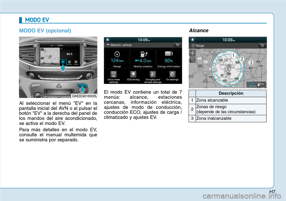 Hyundai Ioniq Electric 2018  Manual del propietario (in Spanish) H7
MODO EV (opcional)
Al seleccionar el menú "EV" en la
pantalla inicial del AVN o al pulsar el
botón "EV" a la derecha del panel de
los mandos del aire acondicionado,
se activa el modo EV.
Para má