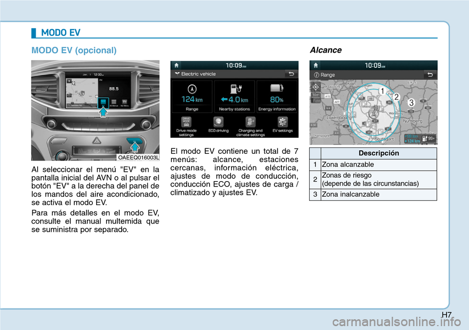 Hyundai Ioniq Electric 2018 Manual del propietario (in Spanish) H7
MODO EV (opcional)
Al seleccionar el menú "EV" en la
pantalla inicial del AVN o al pulsar el
botón "EV" a la derecha del panel de
los mandos del aire acondicionado,
se activa el modo EV.
Para má Hyundai Ioniq Electric 2018 Manual del propietario (in Spanish) H7
MODO EV (opcional)
Al seleccionar el menú "EV" en la
pantalla inicial del AVN o al pulsar el
botón "EV" a la derecha del panel de
los mandos del aire acondicionado,
se activa el modo EV.
Para má