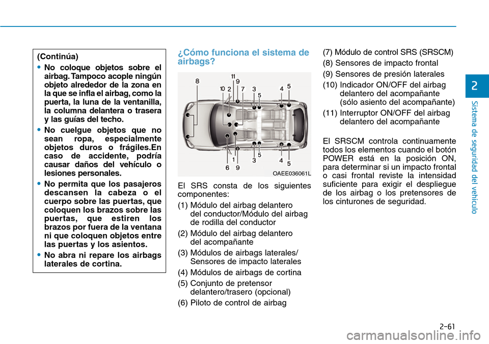 Hyundai Ioniq Electric 2018  Manual del propietario (in Spanish) 2-61
Sistema de seguridad del vehículo
2
¿Cómo funciona el sistema de
airbags?
El SRS consta de los siguientes
componentes:
(1) Módulo del airbag delantero
del conductor/Módulo del airbag
de rodi