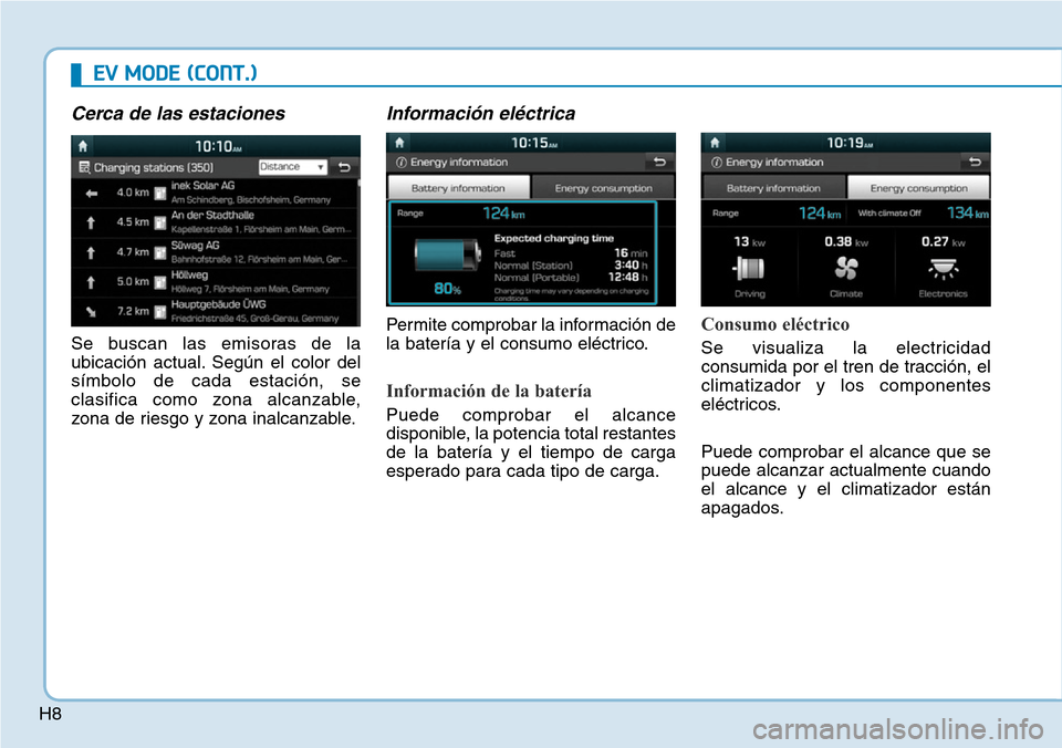 Hyundai Ioniq Electric 2018 Manual del propietario (in Spanish) H8
EV MODE (CONT.)
Cerca de las estaciones
Se buscan las emisoras de la
ubicación actual. Según el color del
símbolo de cada estación, se
clasifica como zona alcanzable,
zona de riesgo y zona inal Hyundai Ioniq Electric 2018 Manual del propietario (in Spanish) H8
EV MODE (CONT.)
Cerca de las estaciones
Se buscan las emisoras de la
ubicación actual. Según el color del
símbolo de cada estación, se
clasifica como zona alcanzable,
zona de riesgo y zona inal