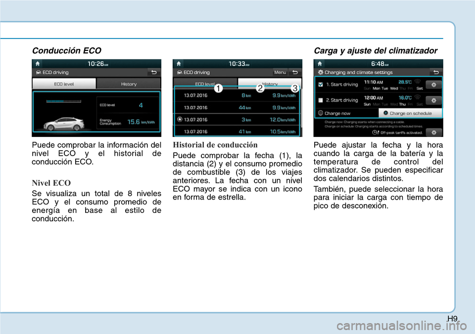 Hyundai Ioniq Electric 2018  Manual del propietario (in Spanish) H9
Conducción ECO
Puede comprobar la información del
nivel ECO y el historial de
conducción ECO.
Nivel ECO
Se visualiza un total de 8 niveles
ECO y el consumo promedio de
energía en base al estilo